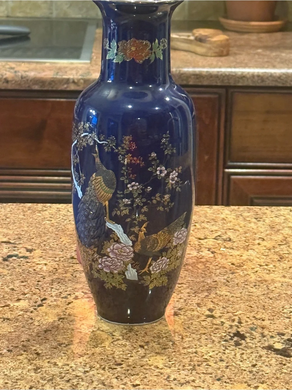 Japanese Cobalt Blue Vase, Peacock & Peony Motifs, Glazed Pottery